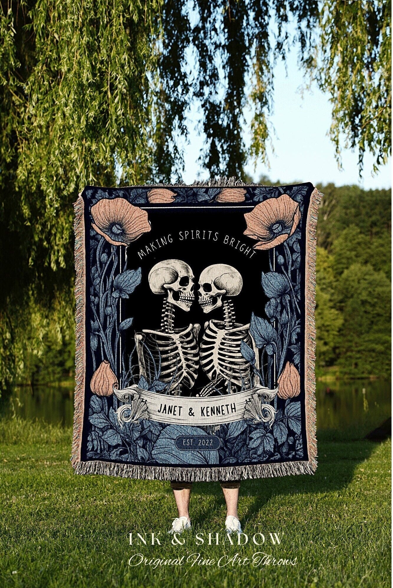 Skeleton Couple Custom Gift 'Making Spirits Bright' Personalized Tapestry | Gothic Wedding Custom Blanket Woven | Spooky Wedding Gift Custom