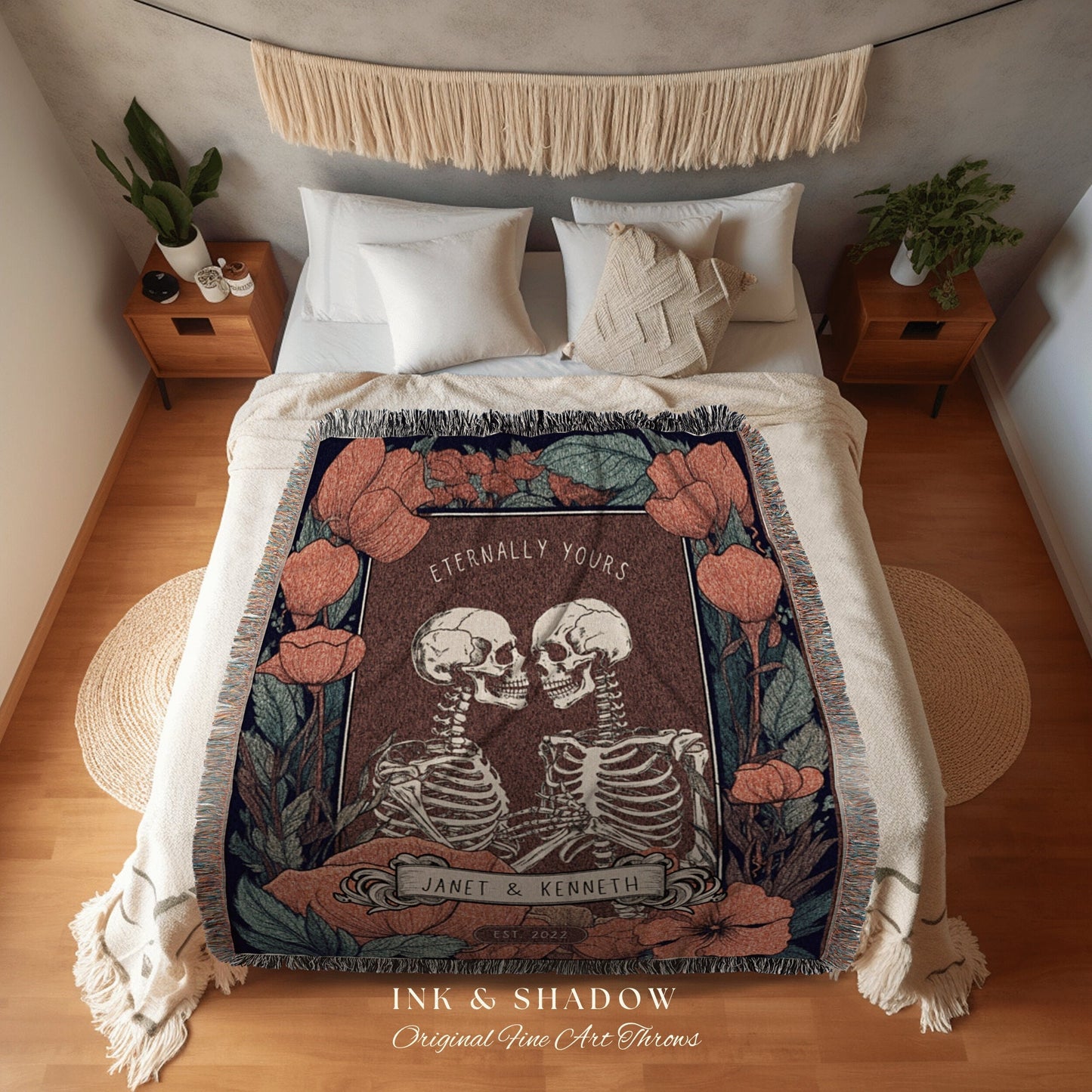 Eternally Yours Skeleton Couple Gift Personalized Tapestry | Gothic Wedding Custom Blanket Woven Tapestry | Spooky Wedding Gift Custom Art |