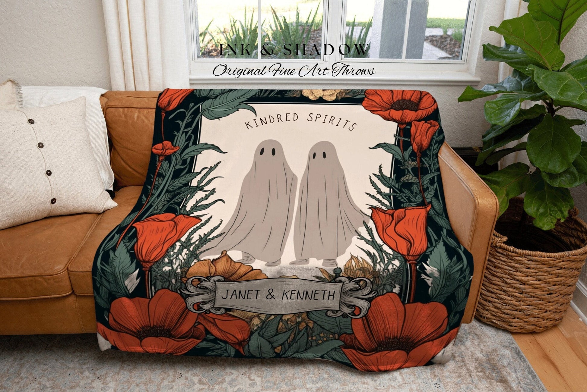 Cute Ghost Couple 'Til Death do us Part' Personalized Wedding Blanket | Spooky Halloween Tapestry Woven Ghost Gifts Thoughtful Anniversary |