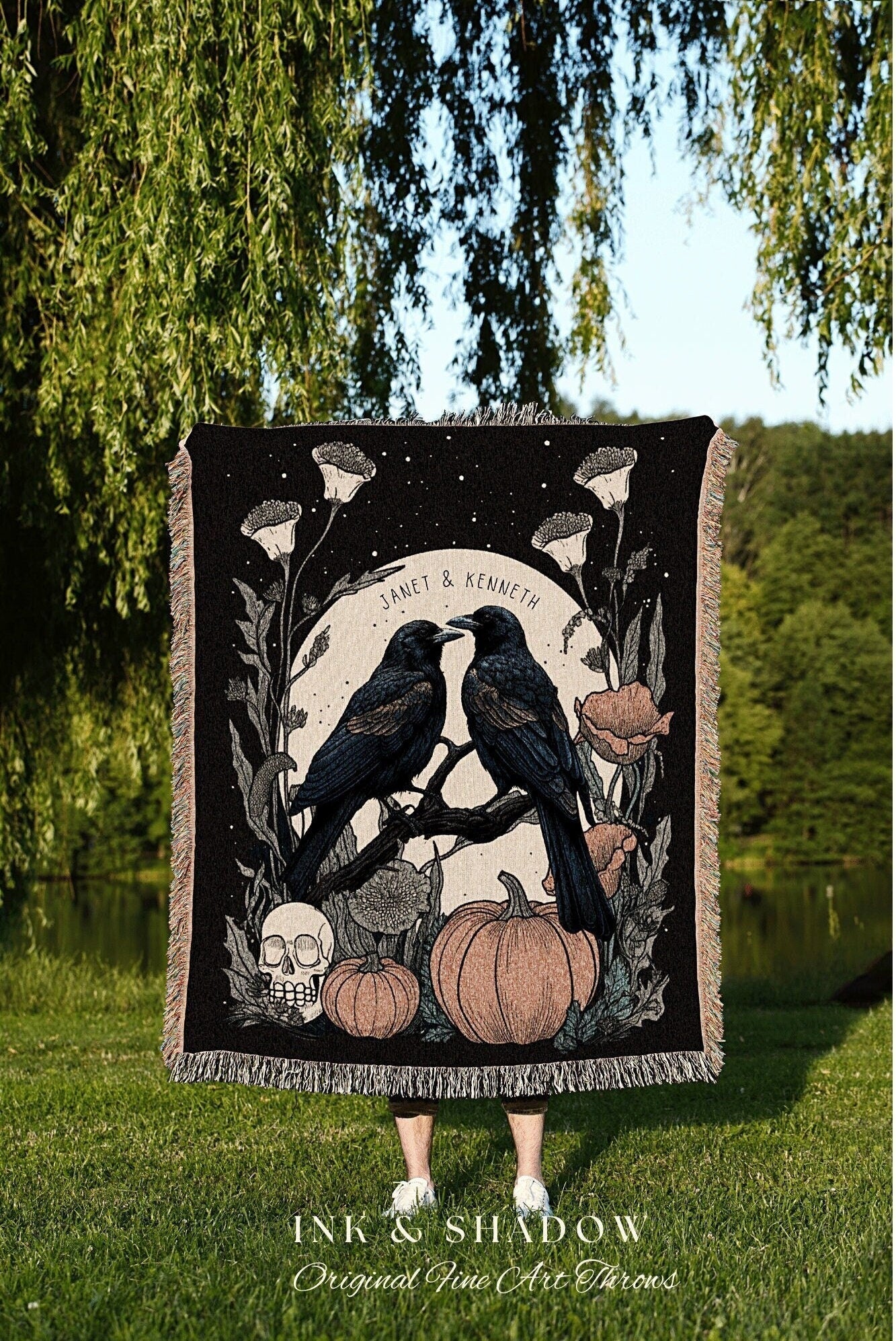 Personalized Crow Couple Blanket Woven Tapestry | Custom Goth Couple Gift Raven Tapestry | Name Blanket Anniversary Gift for Goth Couple |