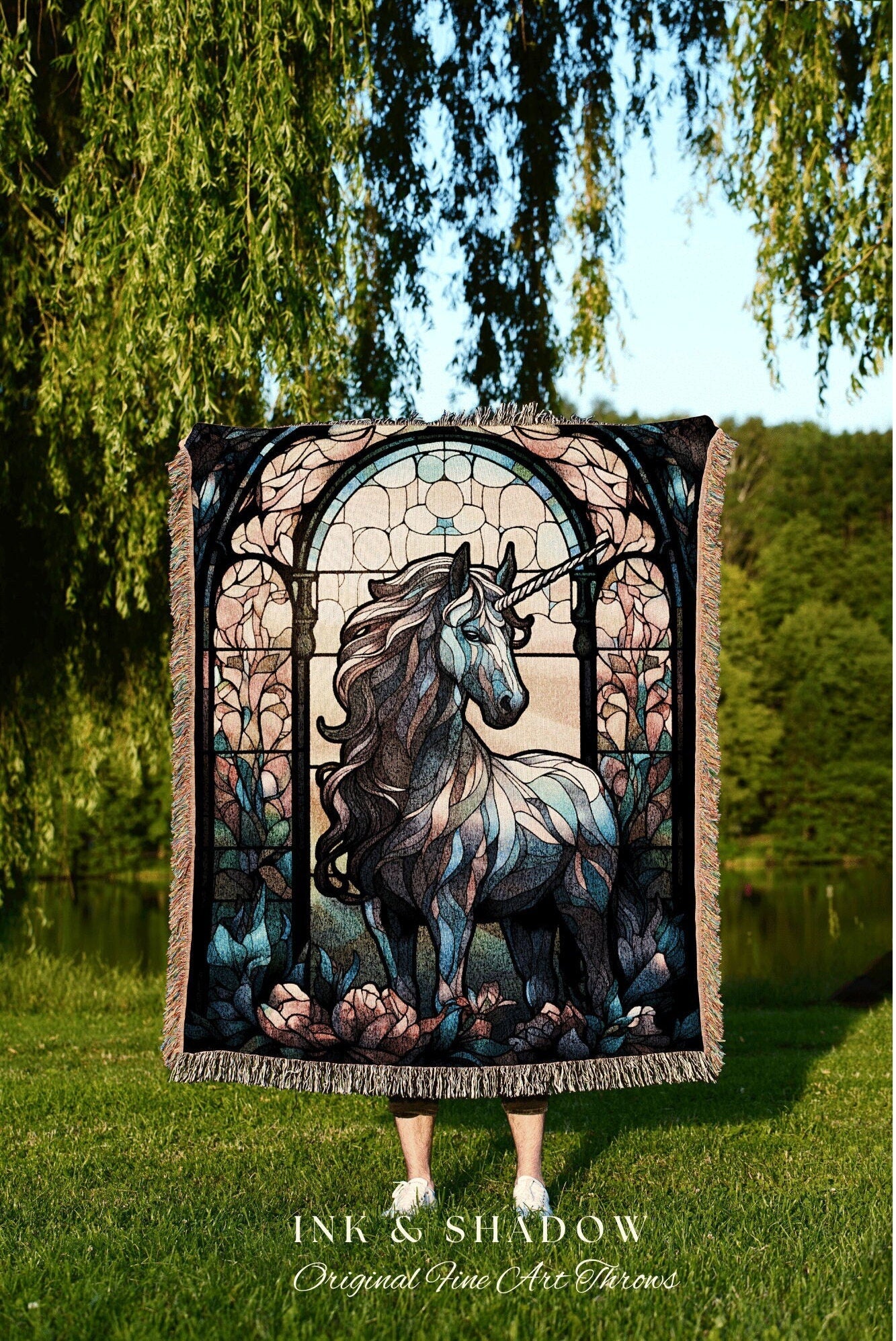 Fairycore Unicorn Blanket Stained Glass Tapestry Vintage Unicorn Art Ethereal Tapestry Woven | Magical Unicorn Room Decor Mythical Wall Art