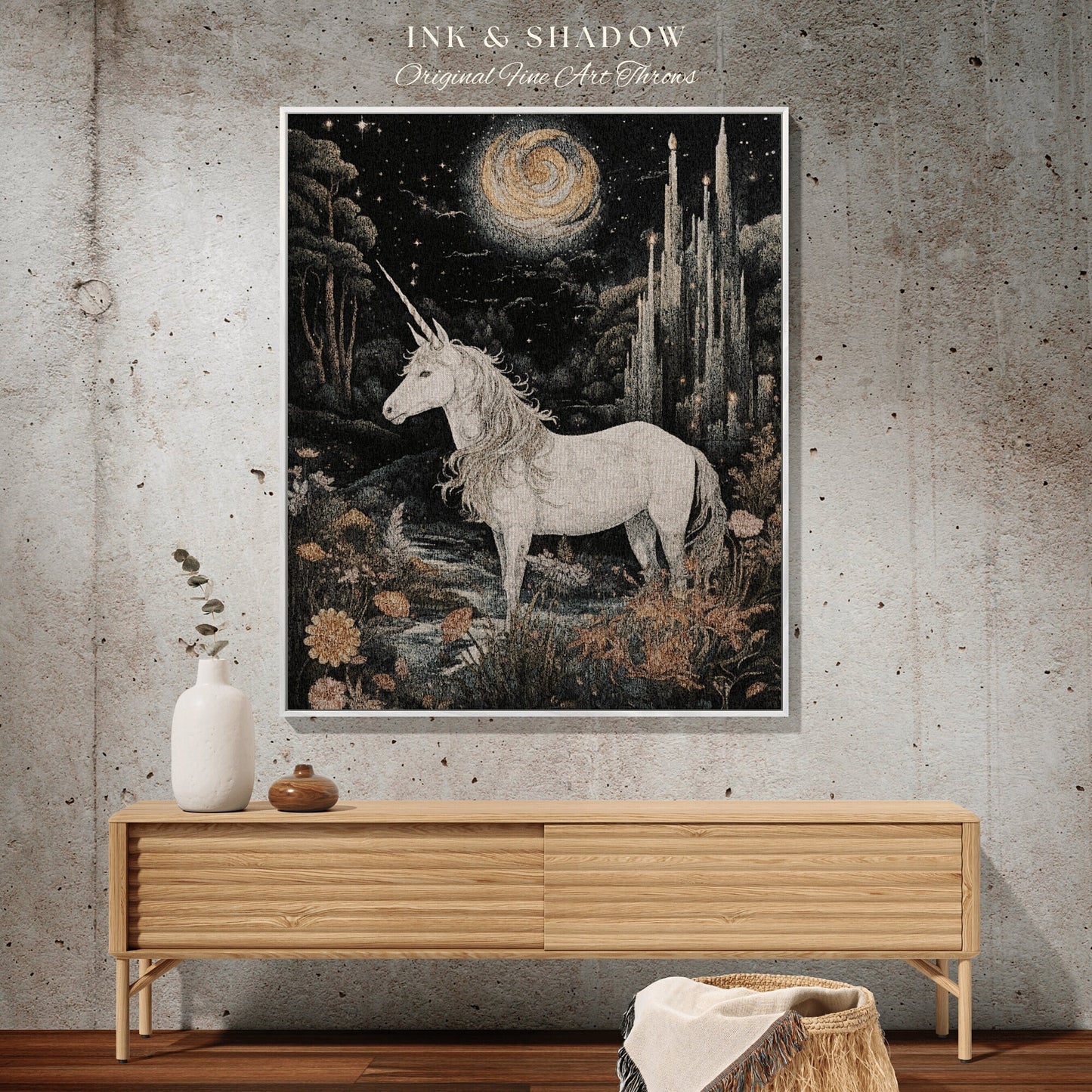 Folklore Blanket Unicorn Tapestry Woven | Ethereal Decor Unicorn Tapestry Cottagecore | Fairycore Decor Magical Tapestry Unicorn Vintage Art