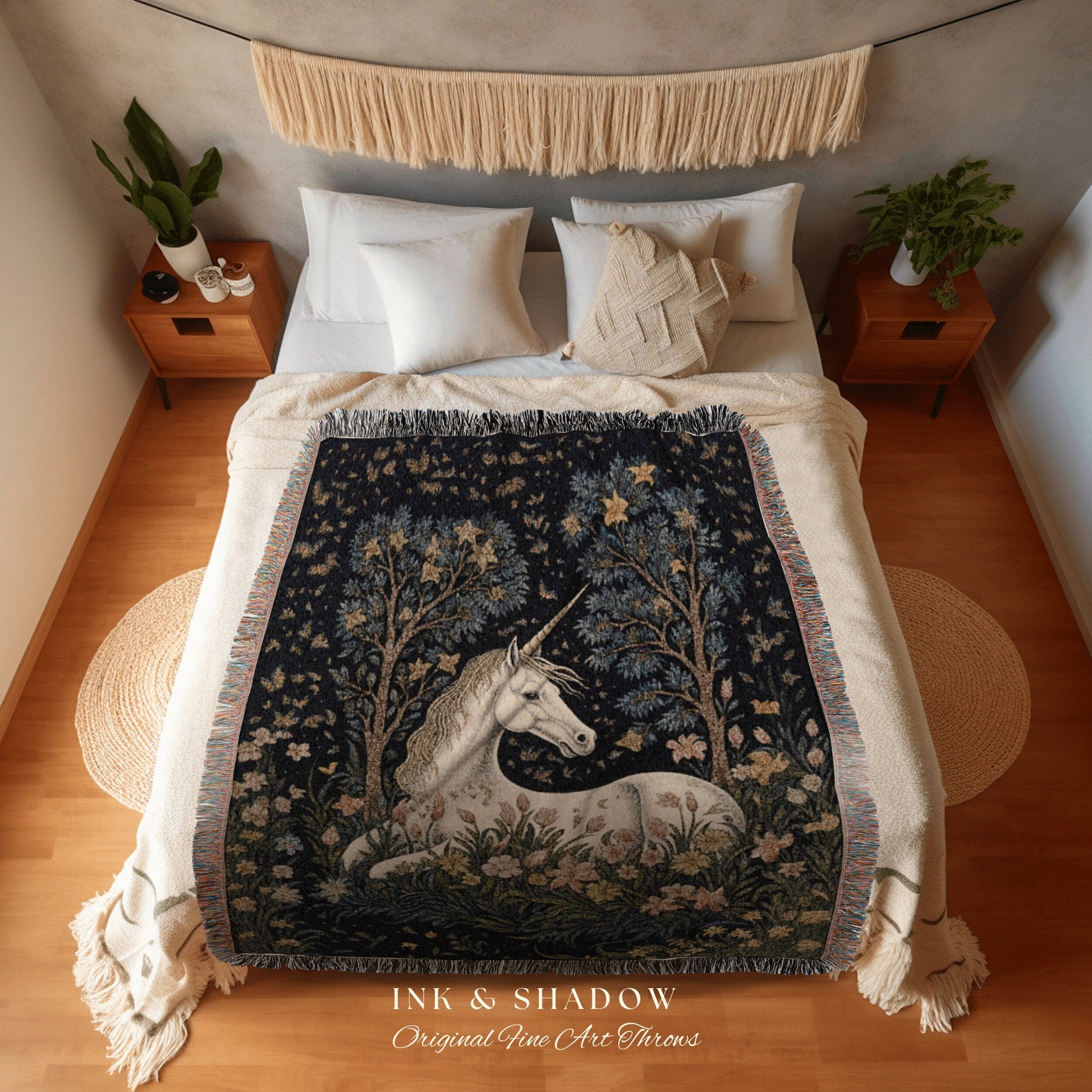 Eclectic Unicorn Blanket Woven Tapestry | Eclectic Room Decor Tapestry Cottagecore | Fairycore Aesthetic Room Decor Magical Tapestry Unicorn