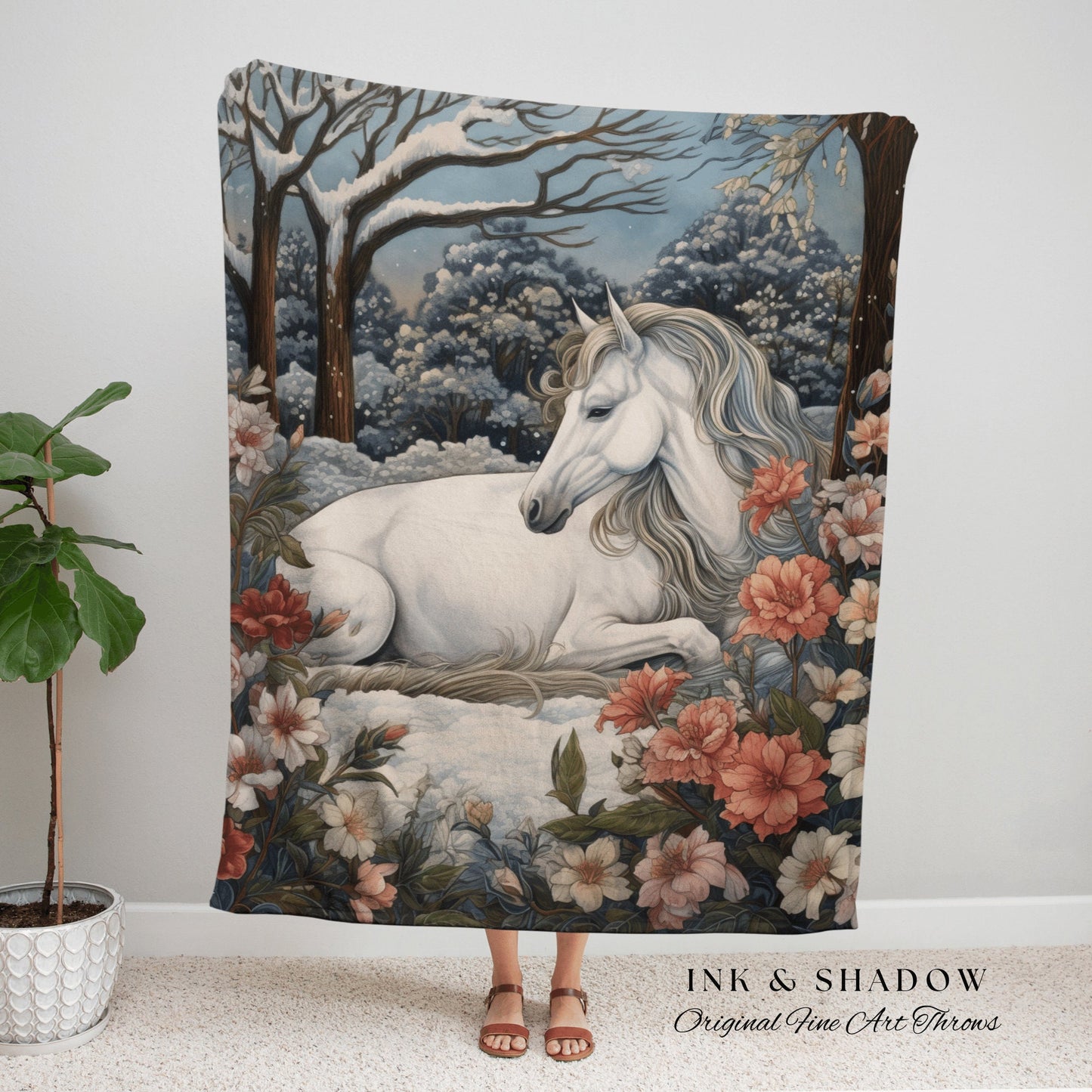 Floral Cottagecore Whimsical Horse Woven Blanket Magical Fairycore Forestcore Decor | Ethereal Aesthetic Whimsigothic Winter Tapestry Throw