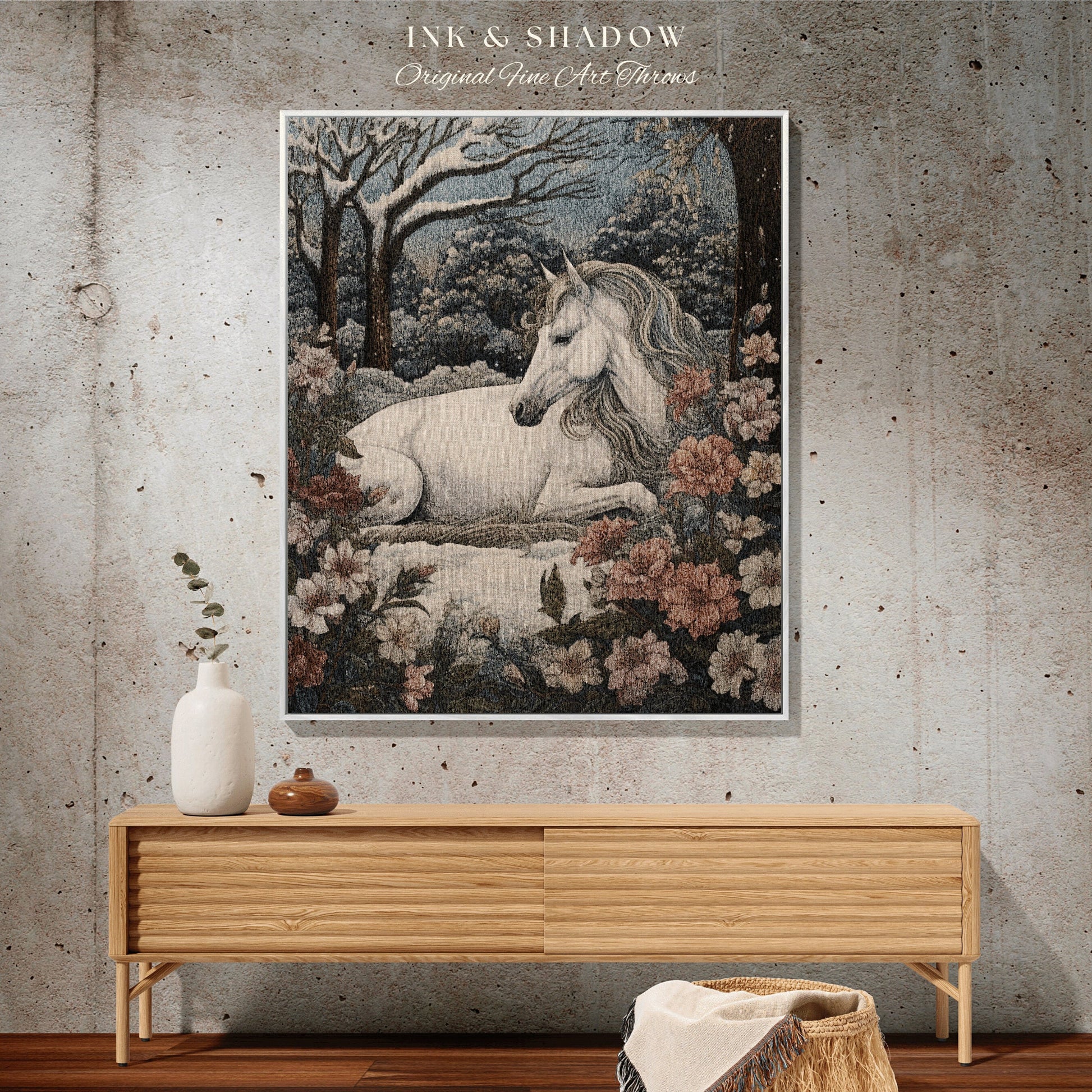 Floral Cottagecore Whimsical Horse Woven Blanket Magical Fairycore Forestcore Decor | Ethereal Aesthetic Whimsigothic Winter Tapestry Throw