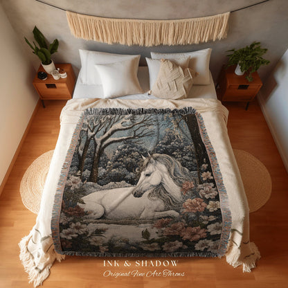 Floral Cottagecore Whimsical Horse Woven Blanket Magical Fairycore Forestcore Decor | Ethereal Aesthetic Whimsigothic Winter Tapestry Throw