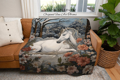 Floral Cottagecore Whimsical Horse Woven Blanket Magical Fairycore Forestcore Decor | Ethereal Aesthetic Whimsigothic Winter Tapestry Throw