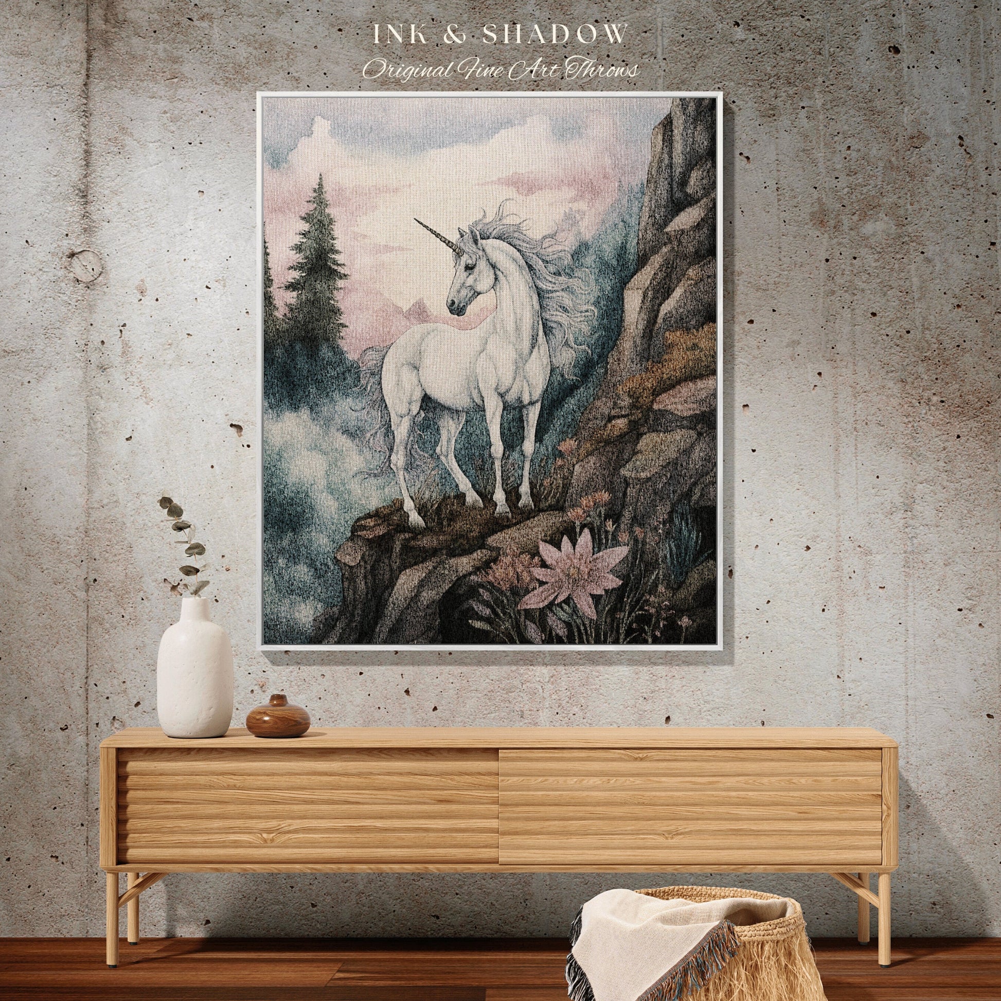 Pastel Landscape Unicorn Wall Art Ethereal Room Decor Vintage Cottagecore | Fairycore Aesthetic Room Decor Magical Tapestry Unicorn Room Art