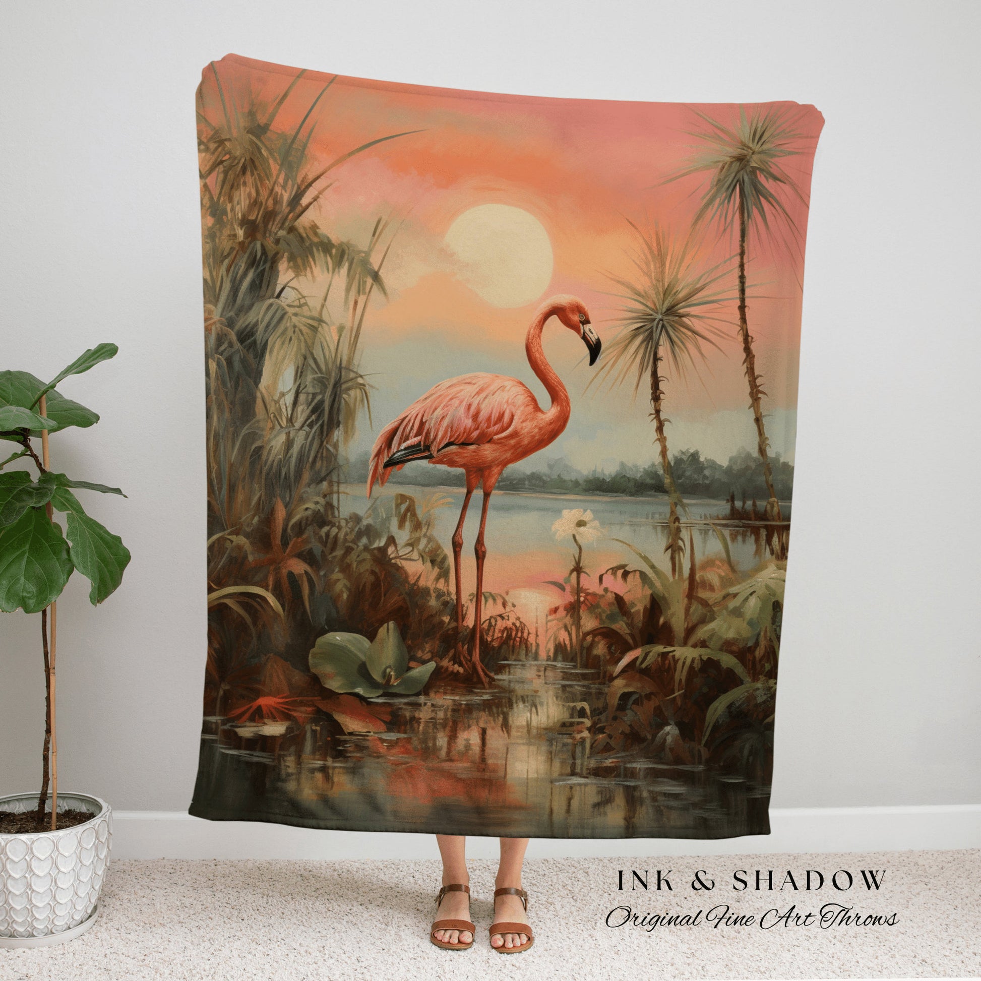 Flamingo Painting Tropical Tapestry Woven Wall Hanging | Jungle Aesthetic Beachy Blanket Woven | Flamingo Home Decor Beach House Blanket |