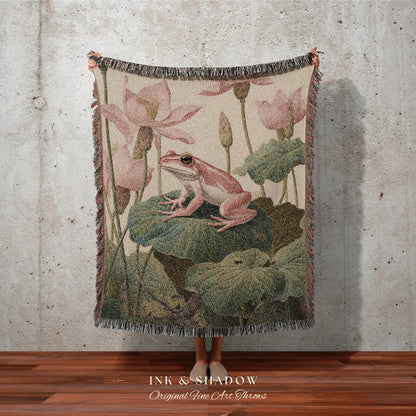 Pink Frog Tapestry Woven Wall Art Whimsigoth Decor | Vintage Frog Blanket Woven Throw Pastel Cottagecore Decor Frog Lover Gift Goblincore |