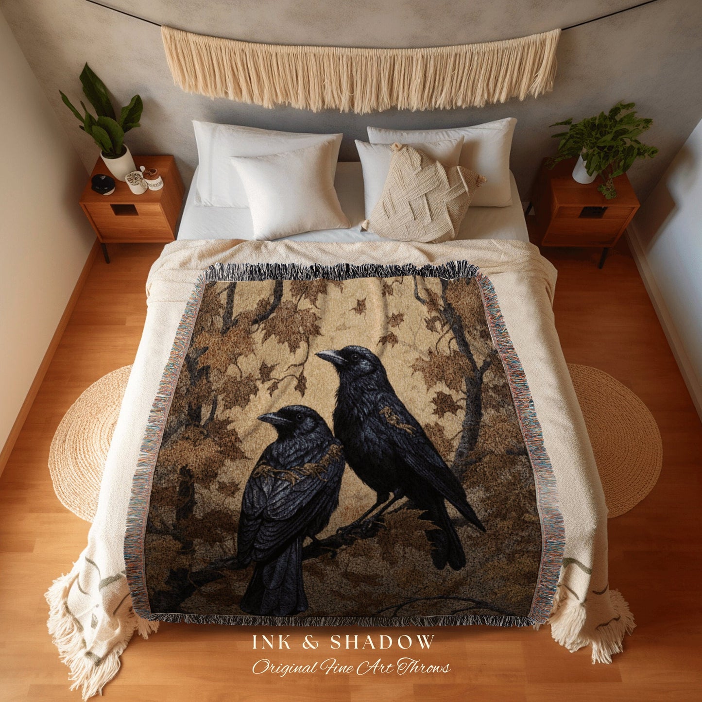 Autumn Crows Tapestry Gothic Blanket Whimsigoth Decor Dark Cottagecore Tapestry Raven Home Decor | Crowcore Woven Goth Blanket Witchy Dorm |