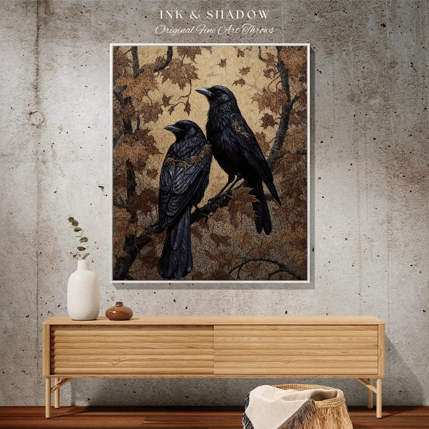 Autumn Crows Tapestry Gothic Blanket Whimsigoth Decor Dark Cottagecore Tapestry Raven Home Decor | Crowcore Woven Goth Blanket Witchy Dorm |