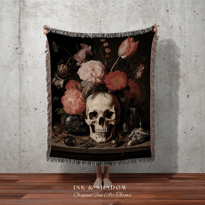 Still Life Skull Painting Tapestry Gothic Room Decor Tapestry Woven Wall Art | Renaissance Blanket Whimsigoth Room Decor Victorian Aesthetic