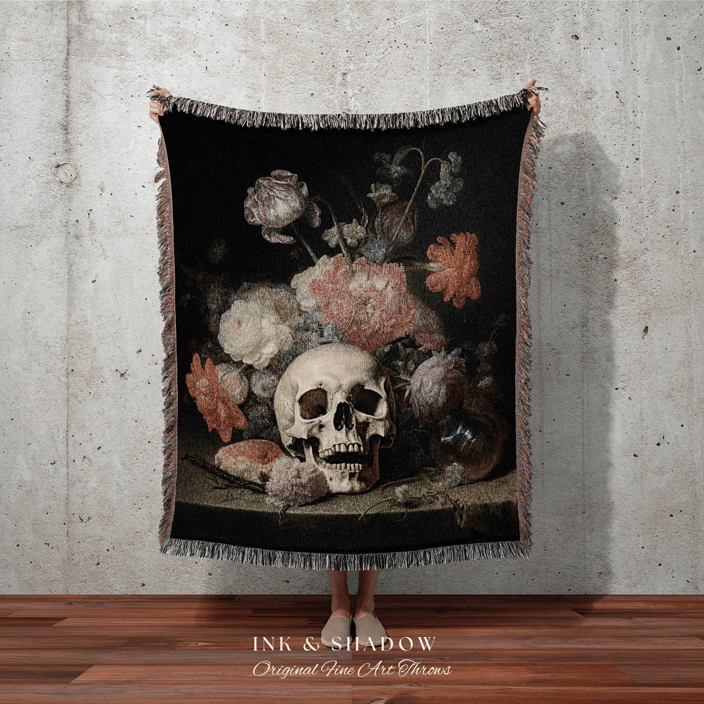 Floral Victorian Gothic Skull Tapestry Woven Wall Hanging | Gothic Renaissance Art Blanket Woven | Whimsigoth Room Decor Floral Art Blanket