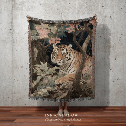 Tiger Painting Vintage Tapestry Woven Wall Hanging | Gothic Renaissance Blanket Woven | Whimsigoth Room Decor Jungle Aesthetic Art Blanket |