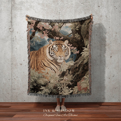 Tiger Blanket Vintage | Tapestry Woven Wall Hanging Gothic Art | Dark Academia Blanket Woven | Whimsigoth Room Decor Jungle Aesthetic Decor