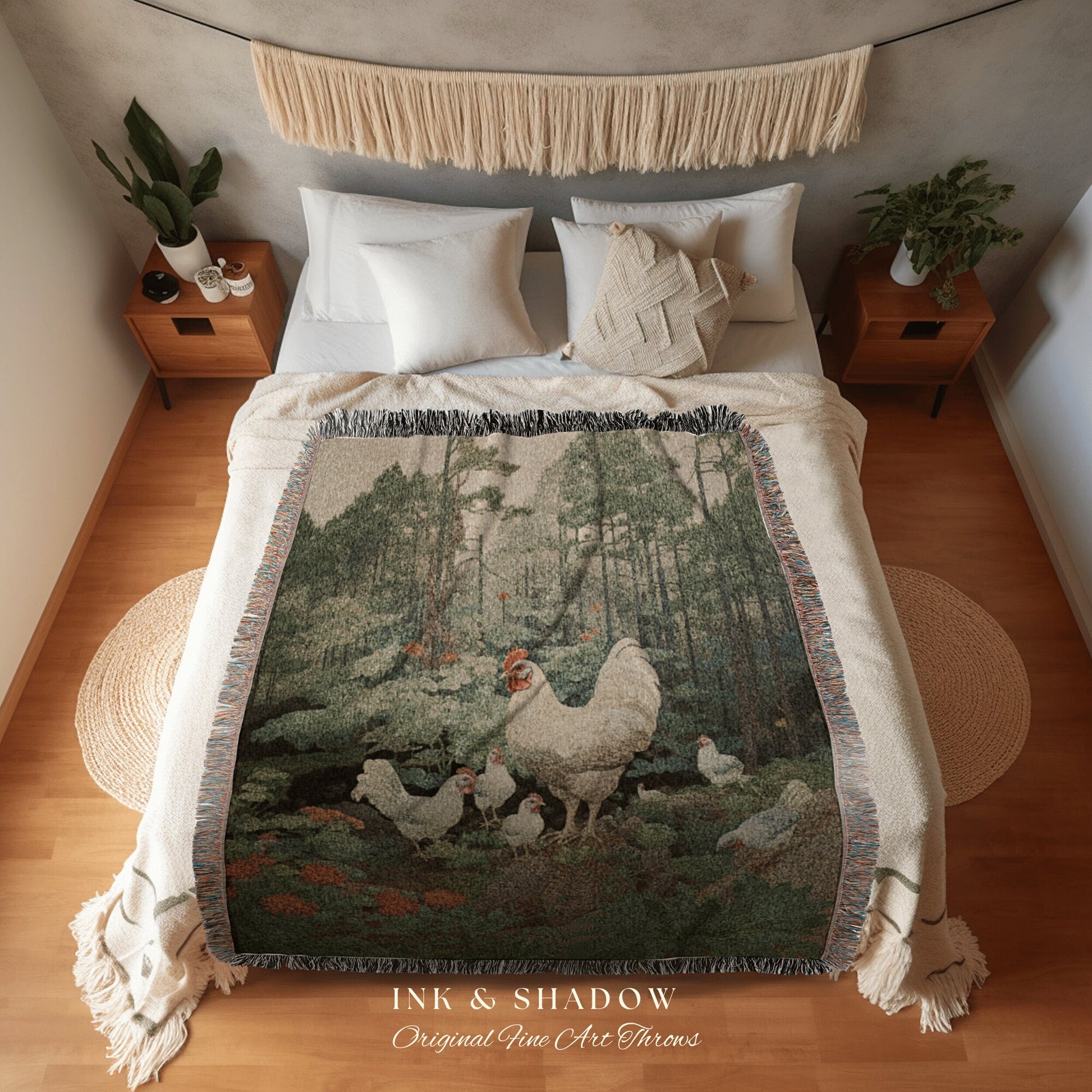 Rustic Farmhouse Chicken Tapestry Blanket | Funny Chicken Mom Gift Tapestry Woven Blanket Cute Cottagecore Wall Art Funny Tapestry Rooster |