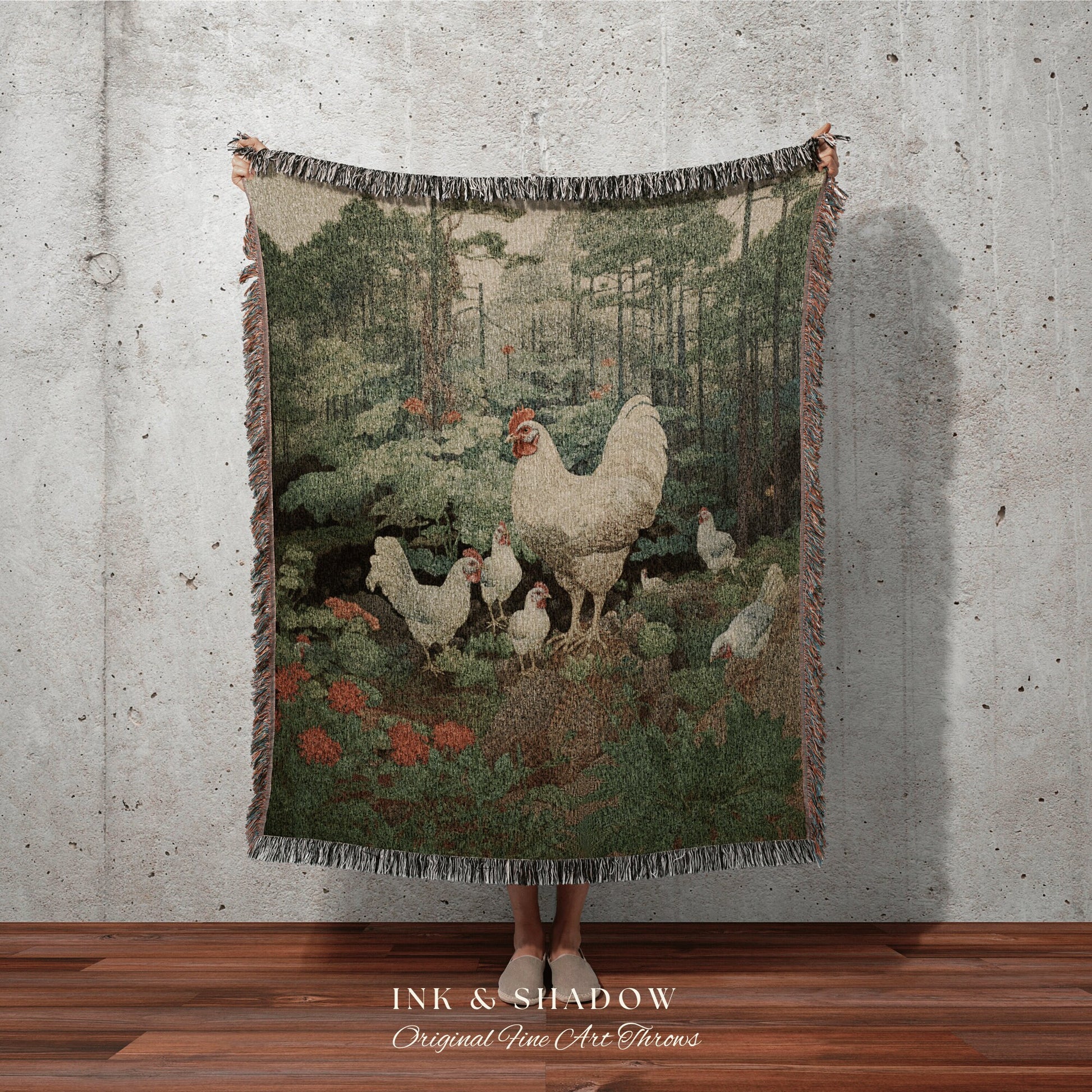 Rustic Farmhouse Chicken Tapestry Blanket | Funny Chicken Mom Gift Tapestry Woven Blanket Cute Cottagecore Wall Art Funny Tapestry Rooster |