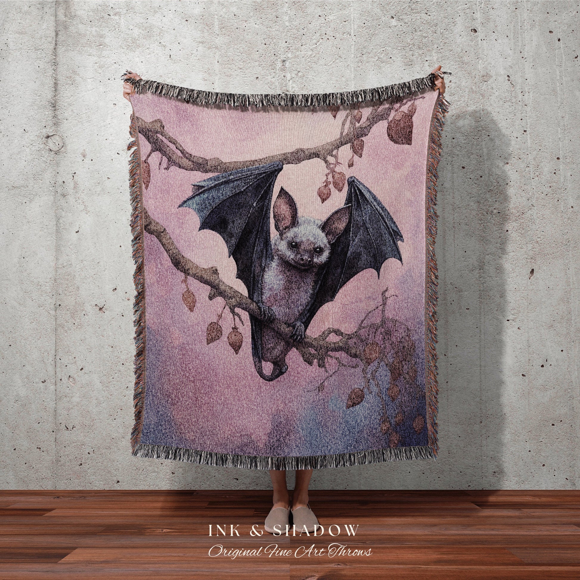 Cute Bat Tapestry Woven Blanket Whimsigoth Decor | Pastel Goth Tapestry Pink Bedroom Decor Fruit Bat Pink Pastel Wall Art Gothic Dorm Room