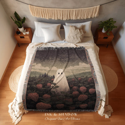 Ghost in Field of Strawberries Vintage Ghost Painting Tapestry Woven Blanket | Fine Art Cute Ghost Decor Dark Cottagecore Dorm Room Decor |