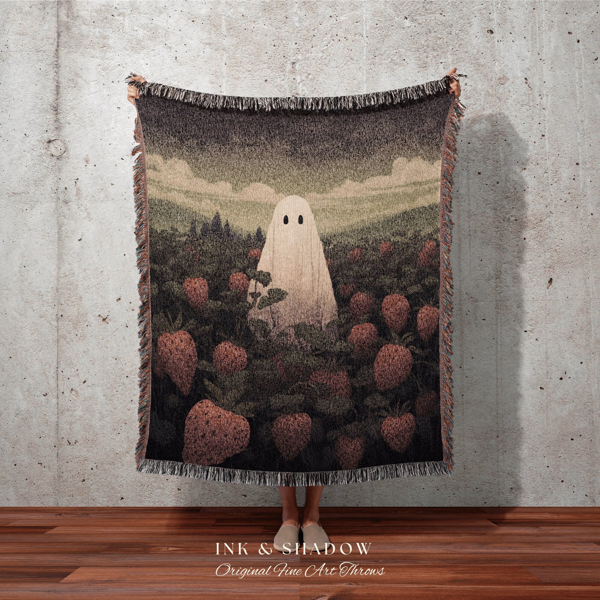 Ghost in Field of Strawberries Vintage Ghost Painting Tapestry Woven Blanket | Fine Art Cute Ghost Decor Dark Cottagecore Dorm Room Decor |