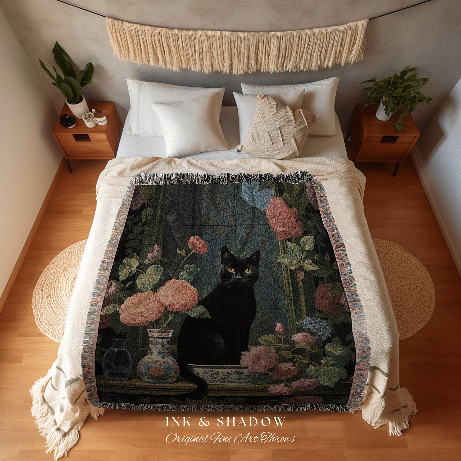 Floral Cat Blanket Woven Tapestry Gothic Decor | Dark Floral Black Cat Woven Blanket Fine Art Wall Art Funny Tapestry Whimsigoth Room Decor