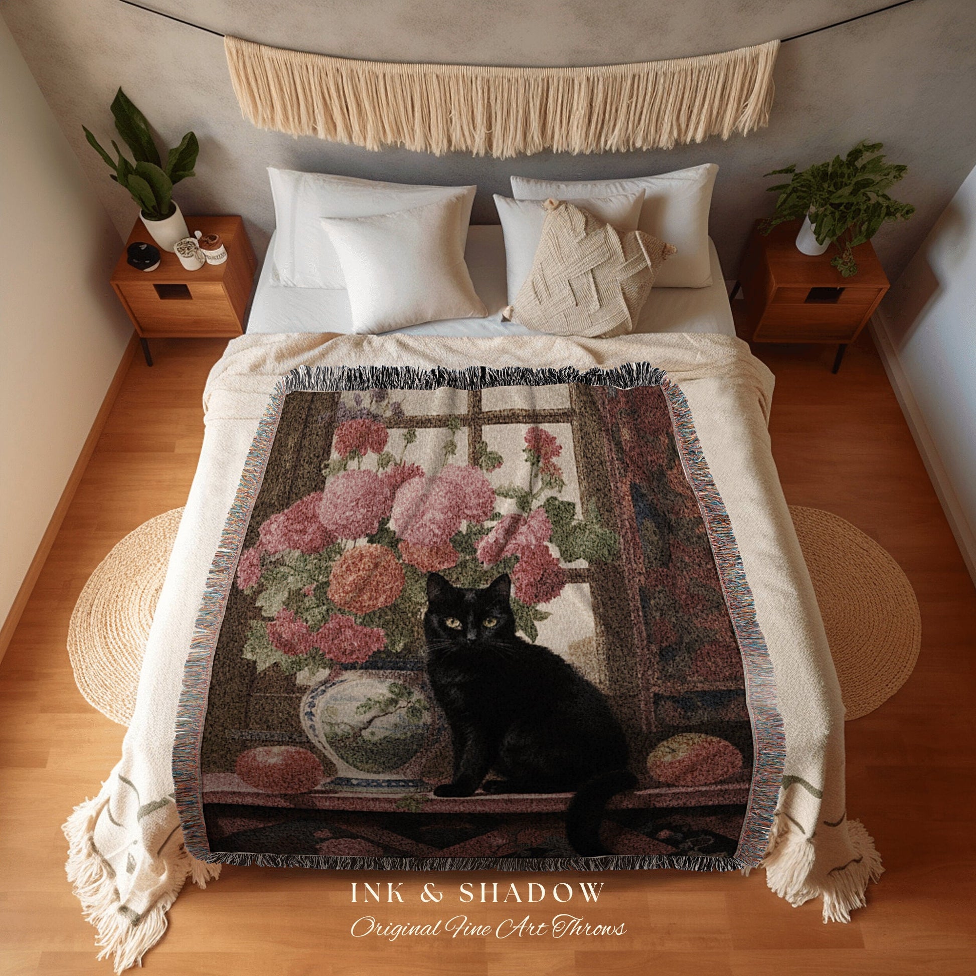 Black Cat Tapestry Woven Blanket Gothic Decor | Dark Floral Black Cat Woven Blanket | Fine Art Wall Art Funny Tapestry Whimsigoth Room Decor