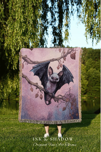 Cute Bat Tapestry Woven Blanket Whimsigoth Decor | Pastel Goth Tapestry Pink Bedroom Decor Fruit Bat Pink Pastel Wall Art Gothic Dorm Room