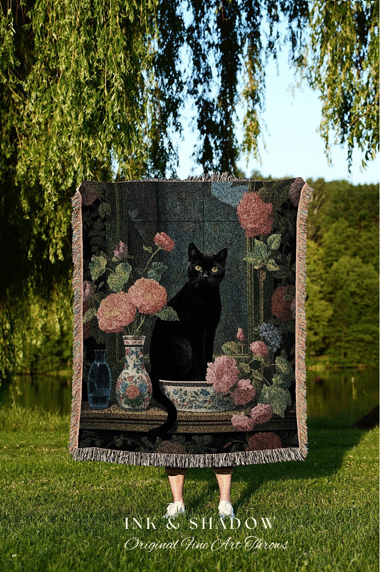 Floral Cat Blanket Woven Tapestry Gothic Decor | Dark Floral Black Cat Woven Blanket Fine Art Wall Art Funny Tapestry Whimsigoth Room Decor