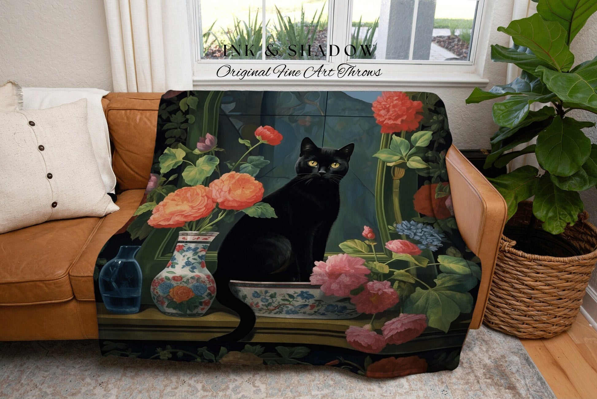 Floral Cat Blanket Woven Tapestry Gothic Decor | Dark Floral Black Cat Woven Blanket Fine Art Wall Art Funny Tapestry Whimsigoth Room Decor