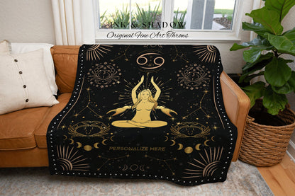 Zodiac Sign Cancer Astrology | Cancer Blanket Custom Star Sign Goth Woven Blanket Witchy Room Decor Cancer Zodiac Sign Celestial Tapestry |