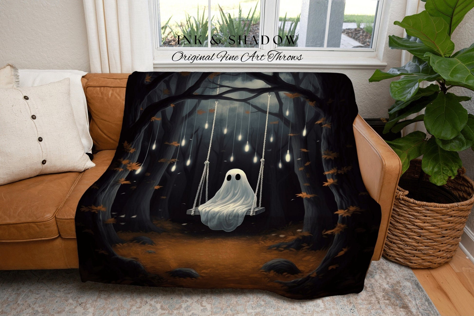 Forest Ghost Tapestry Blanket | Fall Aesthetic Vintage Ghost Art Woven Tapestry Halloween Decor Dark Academia Wall Art Ghost Blanket Woven