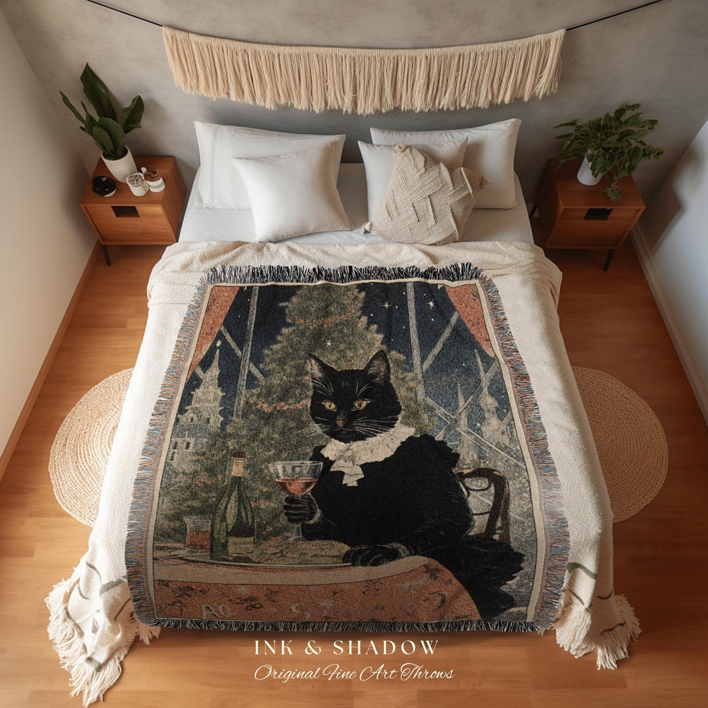 Art Nouveau Cat Tapestry Woven | Whimsical Cat Blanket Eclectic Wall Art Funny Tapestry Whimsigoth Art Christmas Home Decor Victorian Gothic