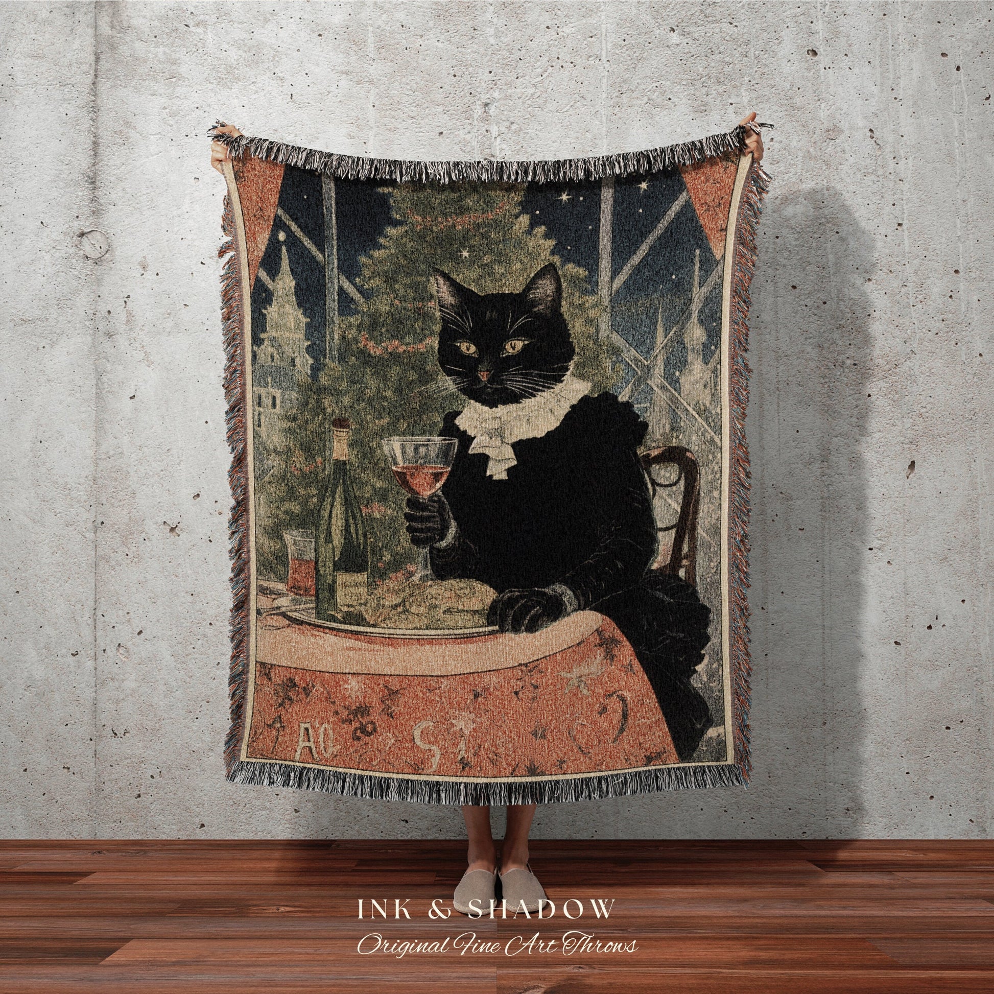 Art Nouveau Cat Tapestry Woven | Whimsical Cat Blanket Eclectic Wall Art Funny Tapestry Whimsigoth Art Christmas Home Decor Victorian Gothic