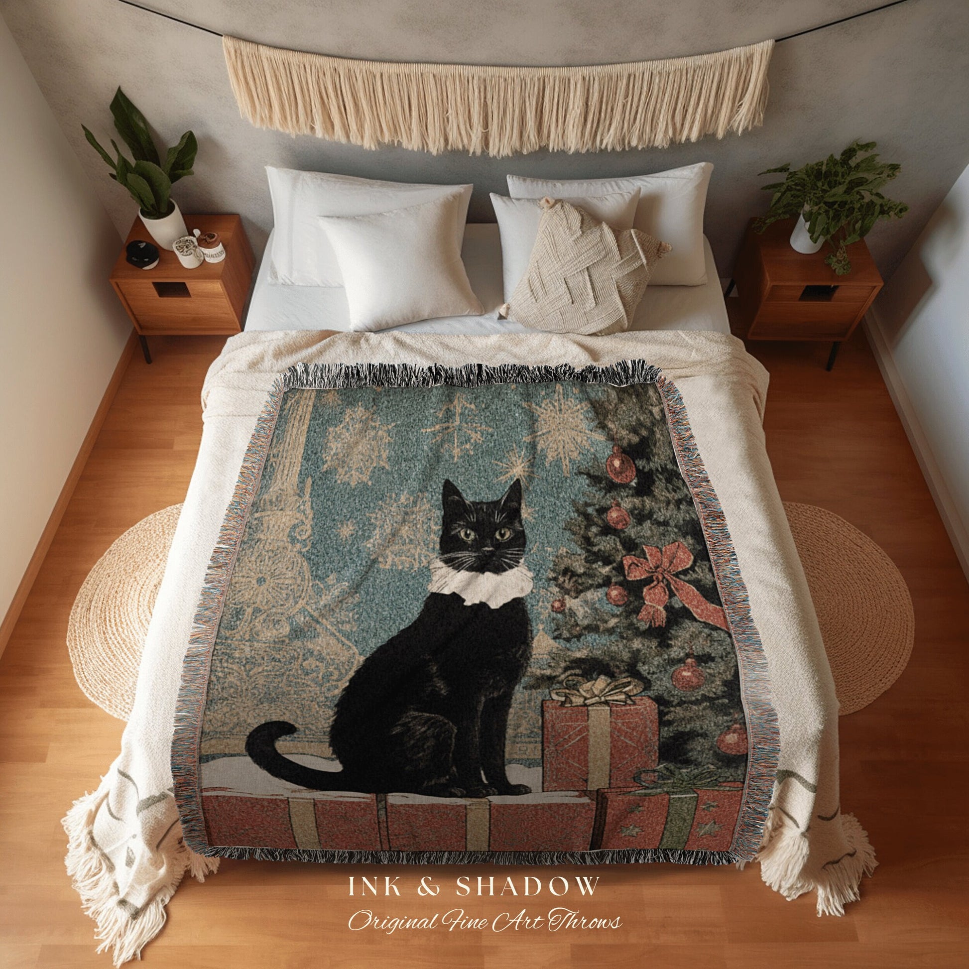 Christmas Cat Tapestry Woven | Whimsical Cat Blanket Fine Art Wall Art Funny Tapestry Whimsigoth Goth Christmas Room Decor Victorian Gothic