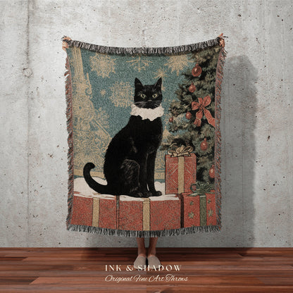 Christmas Cat Tapestry Woven | Whimsical Cat Blanket Fine Art Wall Art Funny Tapestry Whimsigoth Goth Christmas Room Decor Victorian Gothic