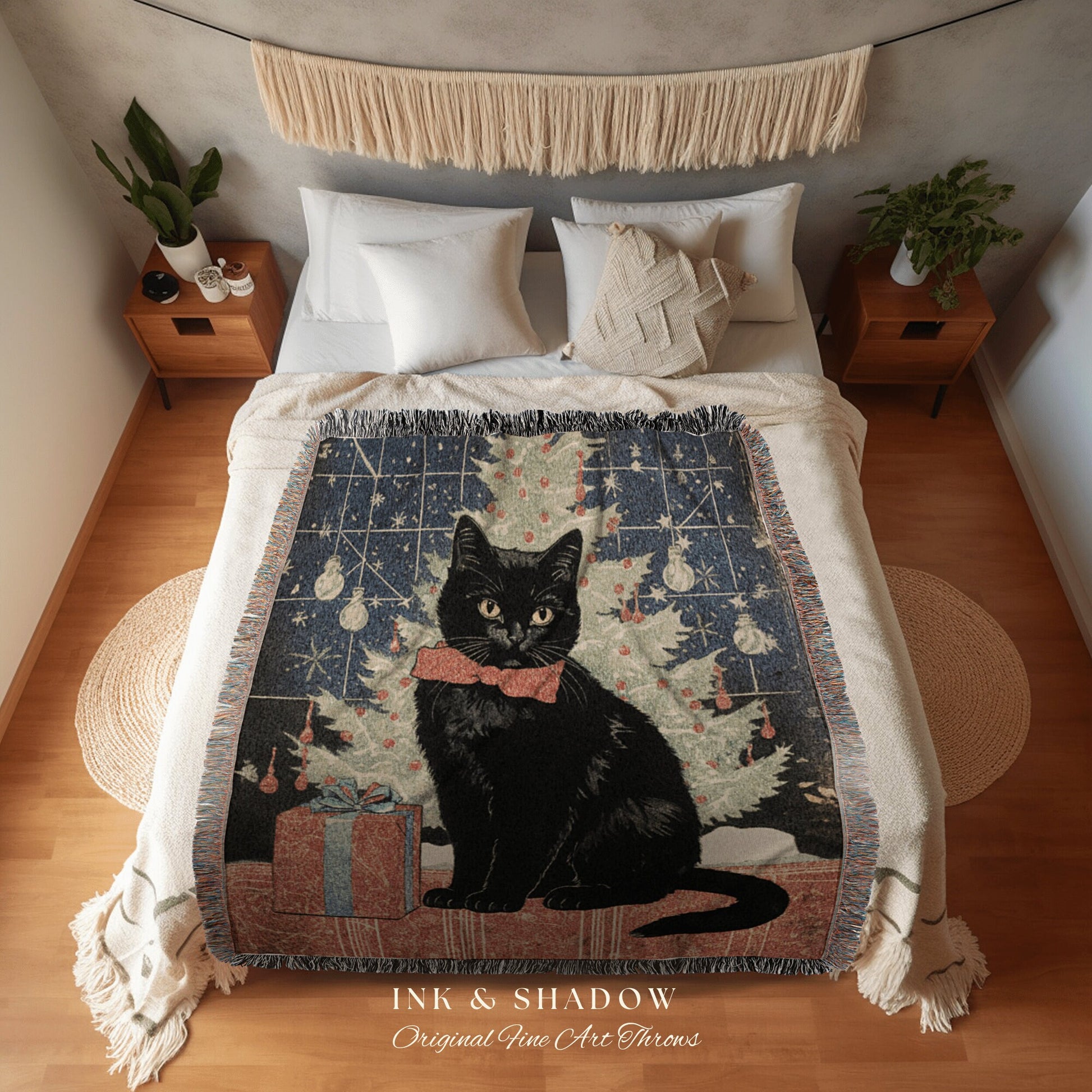 Vintage Yuletide Cat Blanket Woven Tapestry | Whimsical Cat Blanket Eclectic Wall Art Funny Tapestry Whimsigoth Goth Christmas Home Decor |