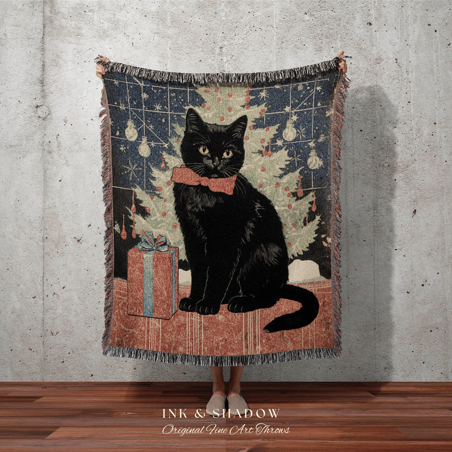 Vintage Yuletide Cat Blanket Woven Tapestry | Whimsical Cat Blanket Eclectic Wall Art Funny Tapestry Whimsigoth Goth Christmas Home Decor |