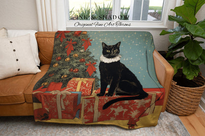 Holiday Cat Tapestry Woven Blanket | Whimsical Cat Blanket Fine Art Wall Art Funny Tapestry Whimsigoth Goth Christmas Room Decor Cute Cat |