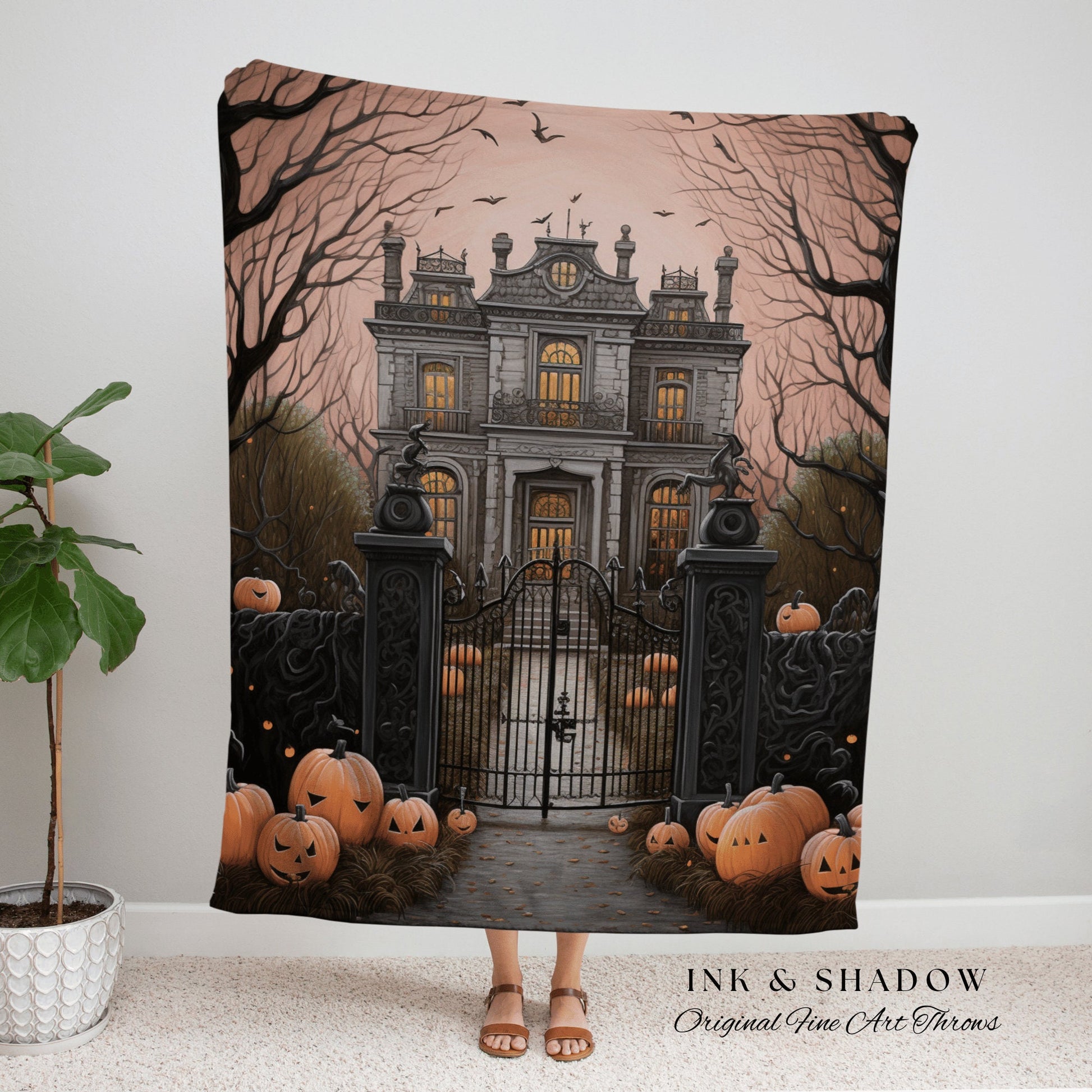 Spooky Mansion Halloween Blanket Woven Tapestry | Gothic Painting Tapestry Woven Blanket Halloween Decor Haunted House Tapestry Crowcore Art