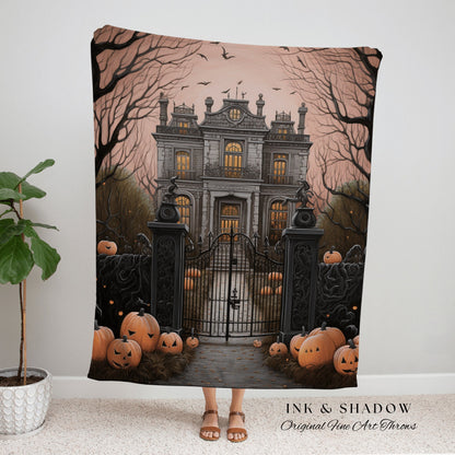 Spooky Mansion Halloween Blanket Woven Tapestry | Gothic Painting Tapestry Woven Blanket Halloween Decor Haunted House Tapestry Crowcore Art