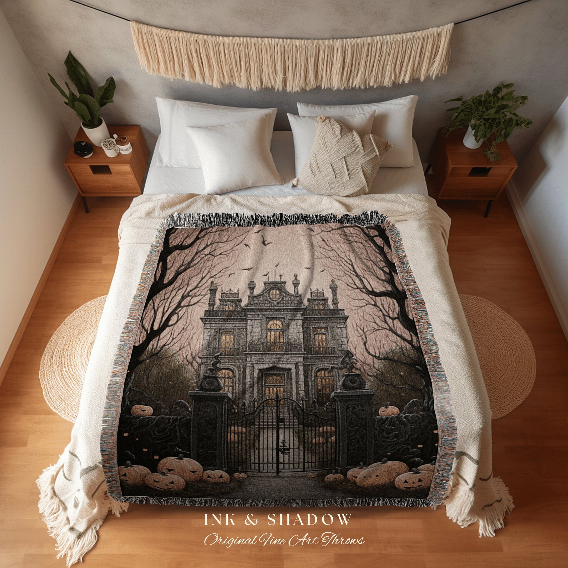 Spooky Mansion Halloween Blanket Woven Tapestry | Gothic Painting Tapestry Woven Blanket Halloween Decor Haunted House Tapestry Crowcore Art