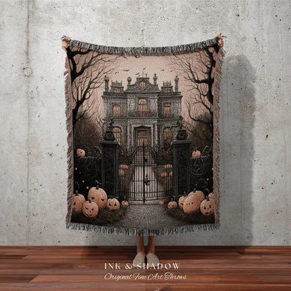 Spooky Mansion Halloween Blanket Woven Tapestry | Gothic Painting Tapestry Woven Blanket Halloween Decor Haunted House Tapestry Crowcore Art