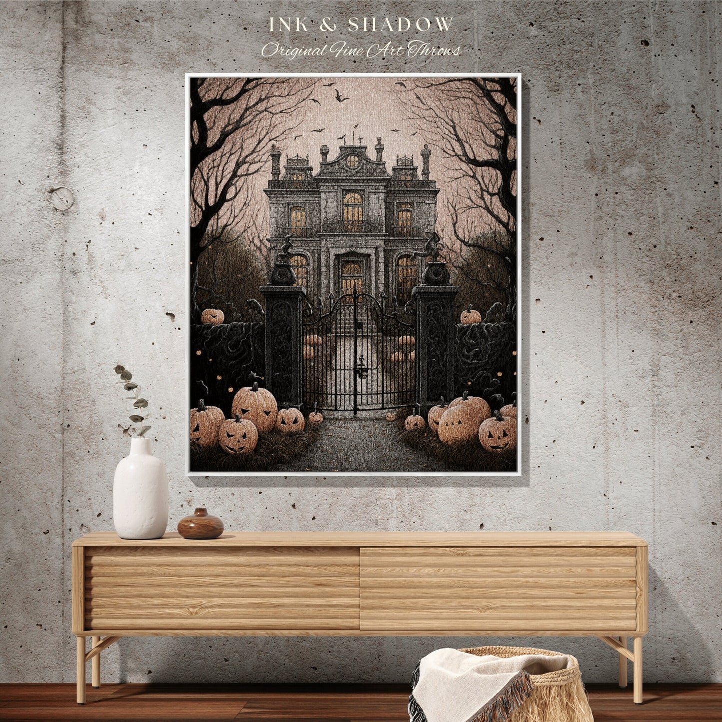 Spooky Mansion Halloween Blanket Woven Tapestry | Gothic Painting Tapestry Woven Blanket Halloween Decor Haunted House Tapestry Crowcore Art