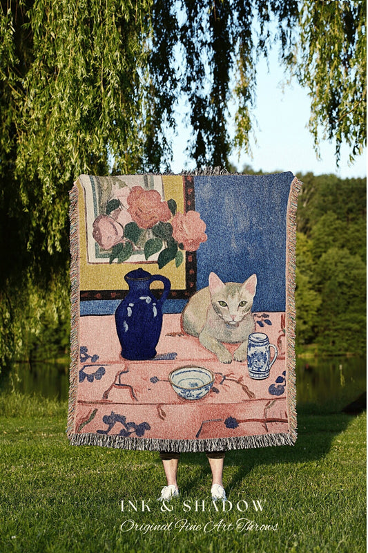 Matisse Cat Blanket Woven Tapestry Whimsical Cat Art | Funny Tapestry Eclectic Room Decor Vintage Cat Painting Matisse Inspired Cat Lover |