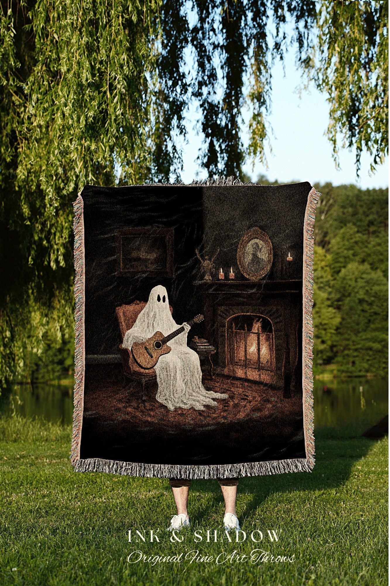 Fireside Ghost Music Blanket Christmas Tapestry Woven | Whimsical Decor Dark Academia Wall Art Gift for Musician Guitar Ghost Painting Goth