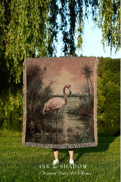 Tropical Flamingo Tapestry Woven Wall Hanging | Jungle Painting Wall Art Beachy Blanket Woven | Flamingo Home Decor Beach House Blanket Art