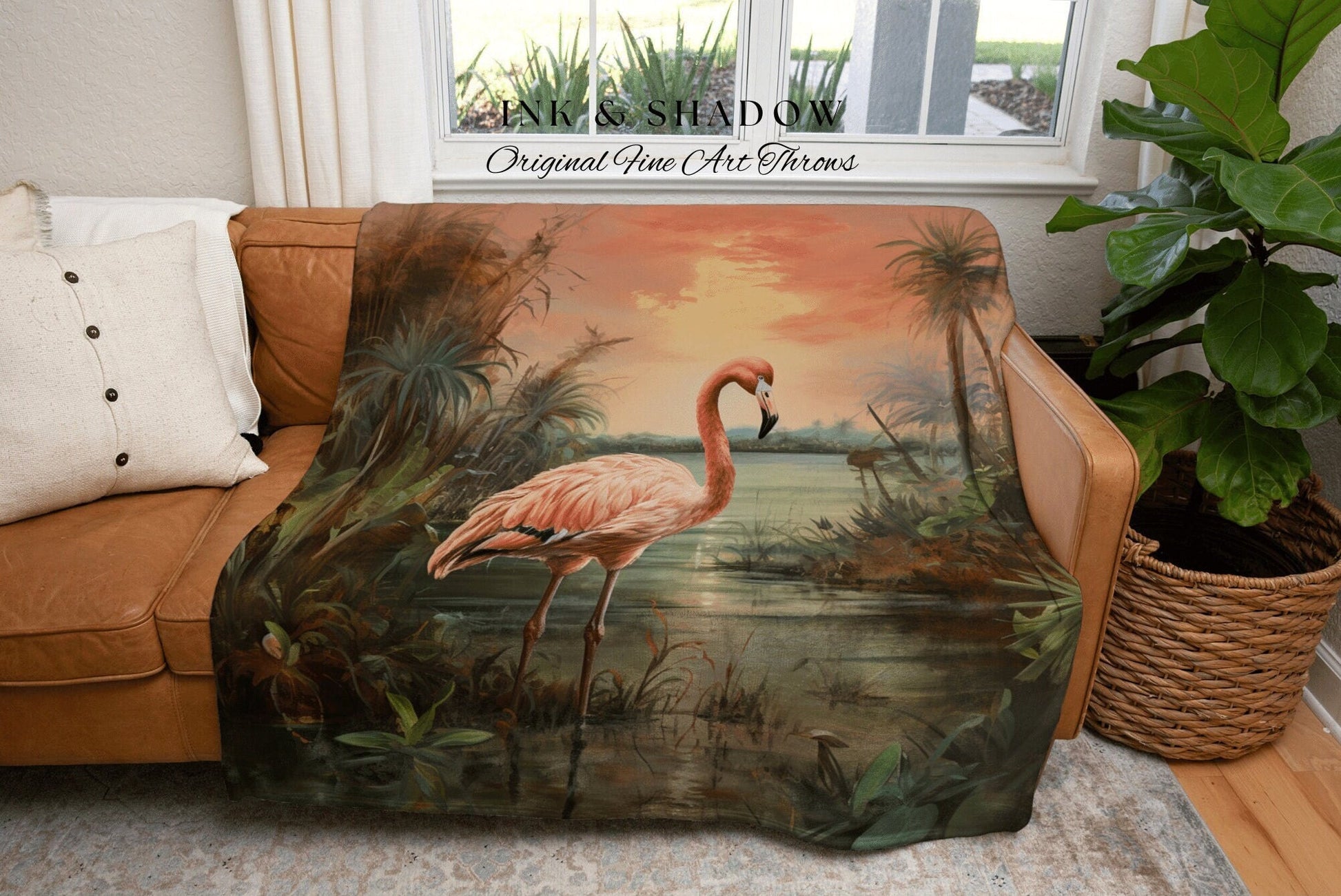 Tropical Flamingo Tapestry Woven Wall Hanging | Jungle Painting Wall Art Beachy Blanket Woven | Flamingo Home Decor Beach House Blanket Art