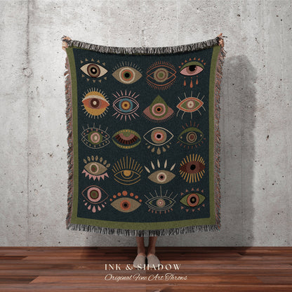 Boho Evil Eye Throw Blanket | Mystical Woven Throw Celestial Room Decor Evil Eye Protection Blanket Boho Tarot Tapestry Whimsigoth Decor |