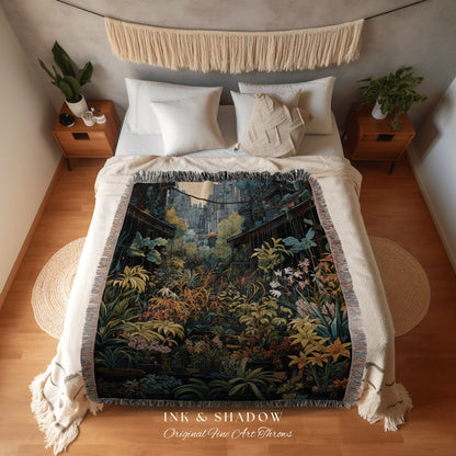 Amsterdam Flower Market Dark Floral Woven Throw Blanket | Flower Wall Backdrop Floral Tapestry Flower Market Wall Art Botanical Blanket |